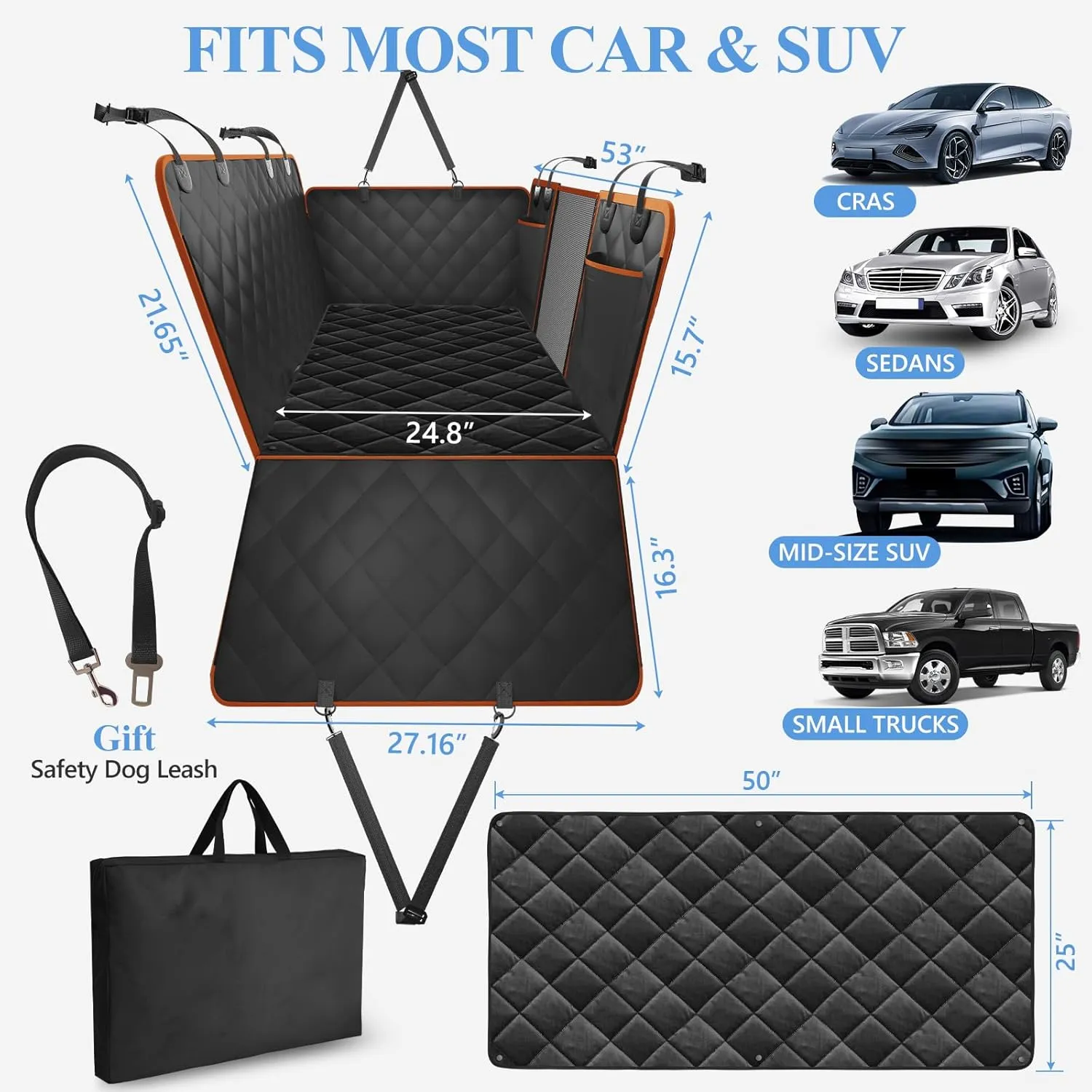 2025 Upgraded Back Seat Extender for Dogs with Soft Blanket, Dog Car Seat Cover for Back Seat Holds 420lbs, Hard Bottom Backseat Cover for Dogs, Waterproof Dog Hammock for Car, SUV, Truck, Black