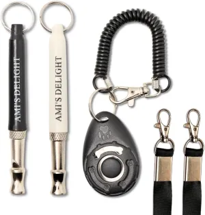 Ami's Delight Dog Whistle Set of 5 | 2PCS Premium Quality Adjustable Dog Whistles with 2 Black Lanyards and a Dog Clicker | Ultrasonic Dog Whistle to Stop Barking Neighbors Dog