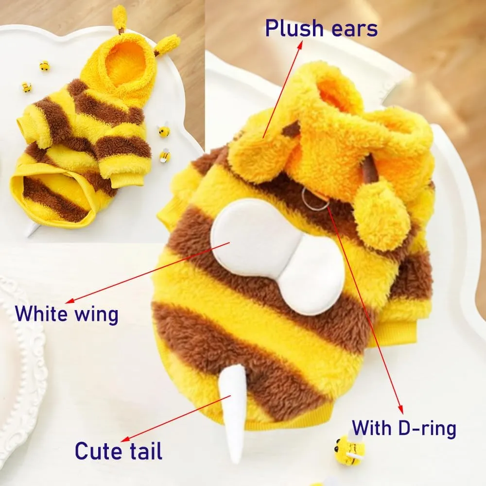 ANIAC Fleece Dog Hoodies with D-Ring Autumn Winter Puppy Clothes for Small Dogs Bumblebee Cat Apparel Cold Weather Coat Funny Dog Bee Costume for Christmas Halloween(Yellow, Large)