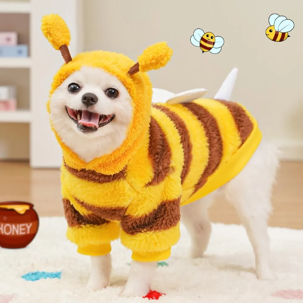 ANIAC Fleece Dog Hoodies with D-Ring Autumn Winter Puppy Clothes for Small Dogs Bumblebee Cat Apparel Cold Weather Coat Funny Dog Bee Costume for Christmas Halloween(Yellow, Large)