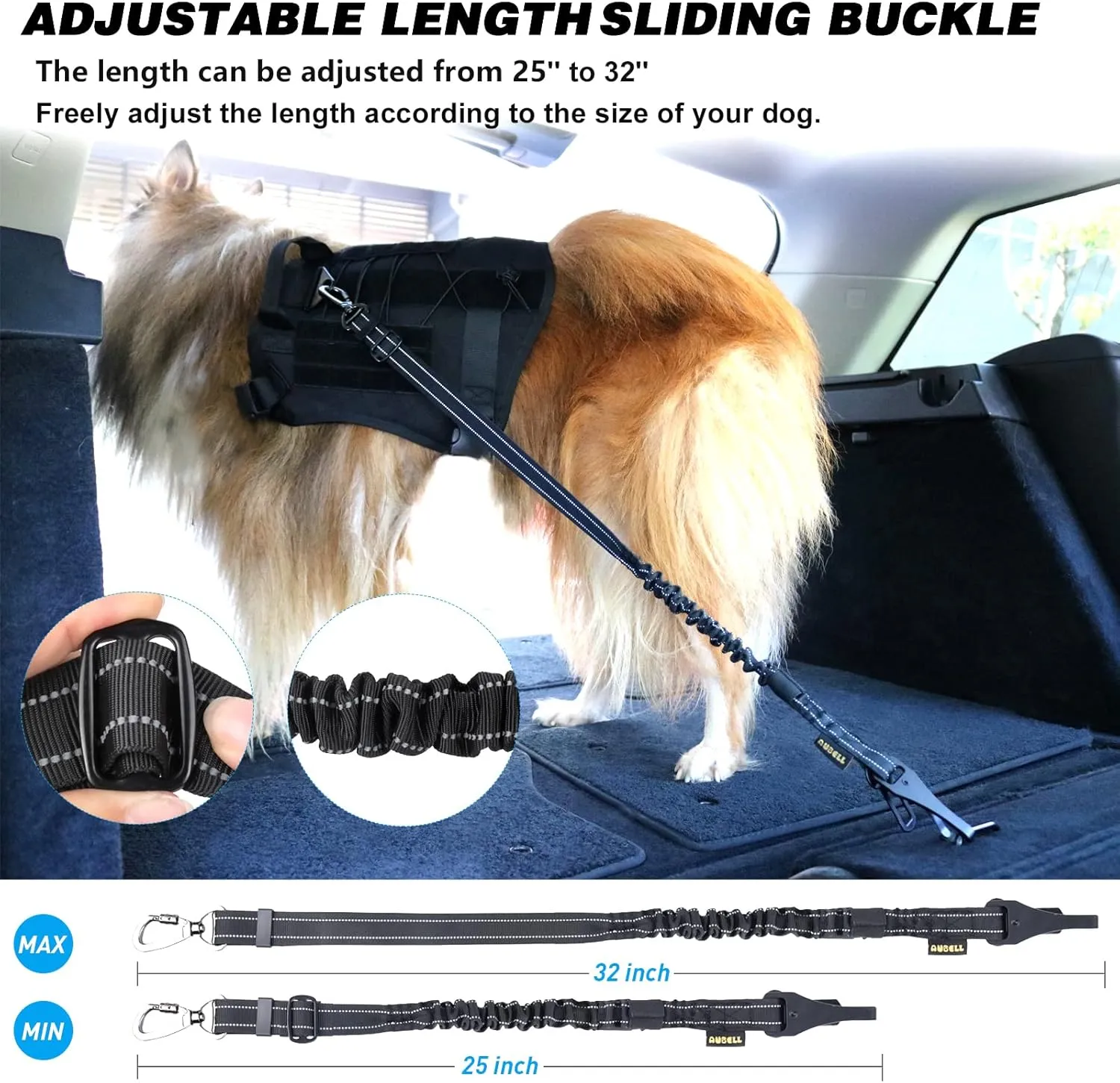 AUBELL Dog Seat Belt for Car,Updated 3-in-1 Adjustable Reflective Bungee Heavy Duty Dog Car Harness Tether with Clip Hook Latch & Buckle,Swivel Zinc Alloy Carabiner,Black