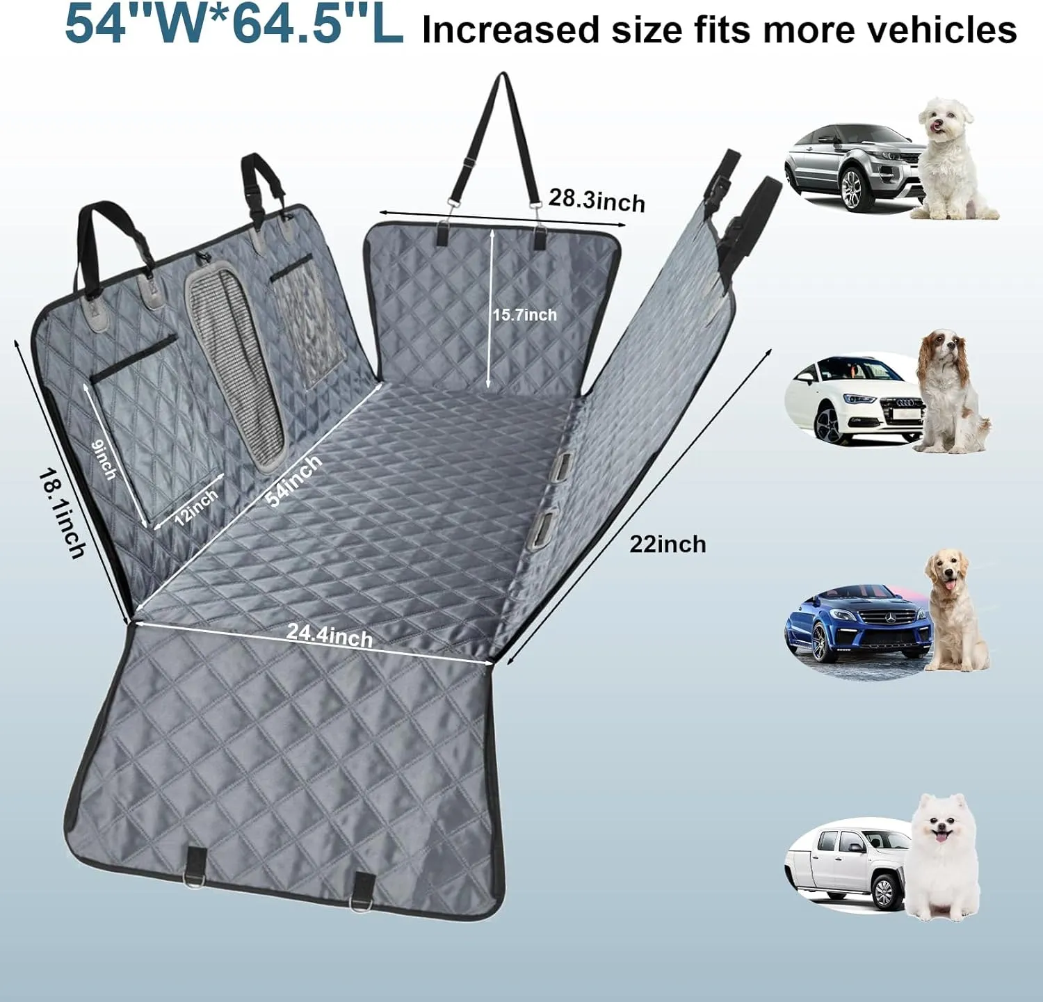 Back Seat Extender for Dogs, Waterproof Dog Car Seat Cover for Back Seat with Hard Bottom-Upgraded Anti-Scratch 1680D Oxford Fabric-Holds 600Lbs, Stowable Dog Hammock for Car&SUV&Truck GreyLarge