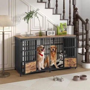 BOINN Large Dog Crate Furniture, 63 inch Heavy Duty Double Dog Crate with Removable Divider, Extra Large Dog Kennel Furniture TV Stand withTrays for 2 Large Dogs