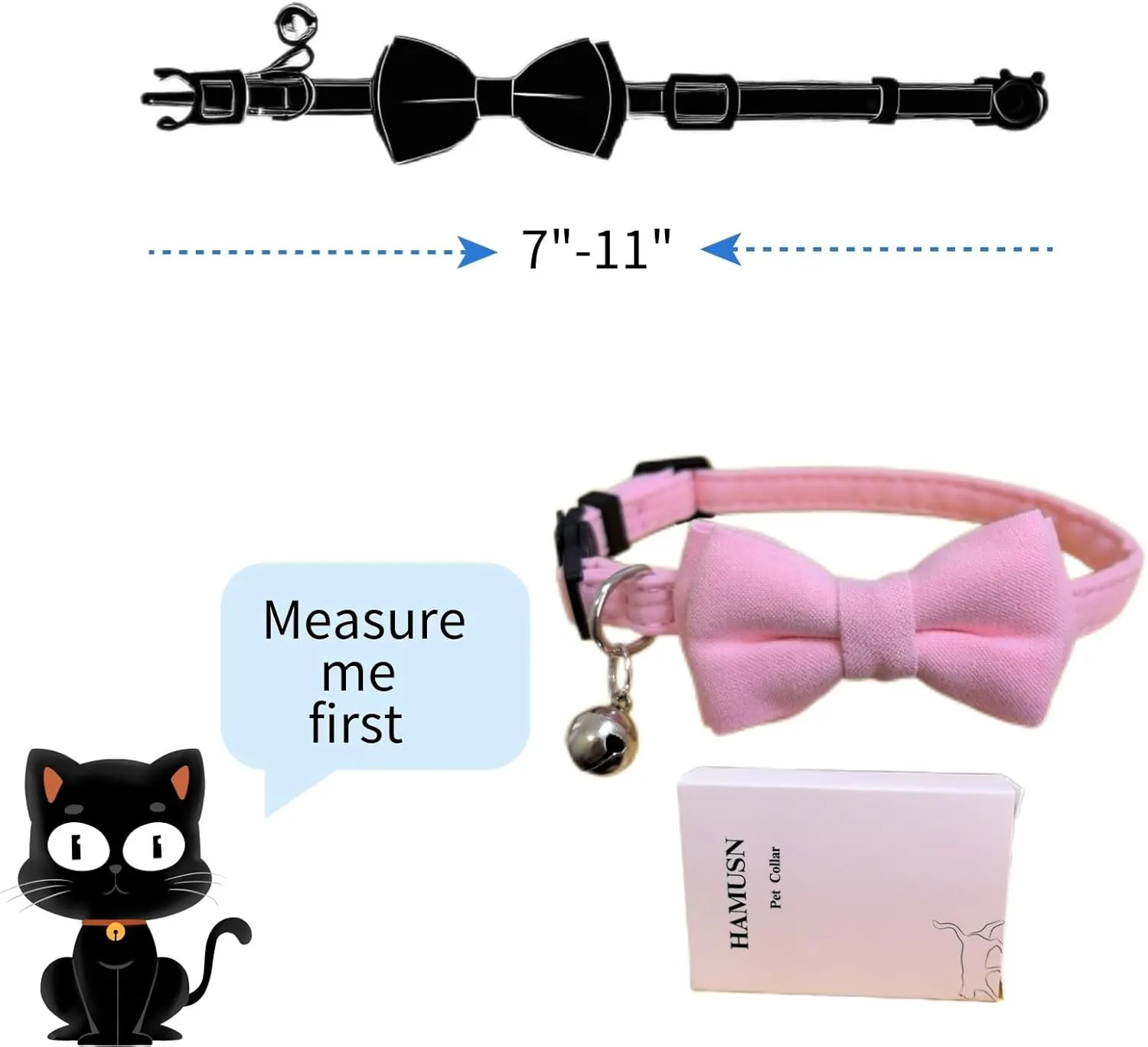 Bow Tie Cat Collar Breakaway with Bell Safety, Removable Bowtie, Adjustable Kitten Collars for Girl Boy Kitty Small Pets, 7"-11" Pink