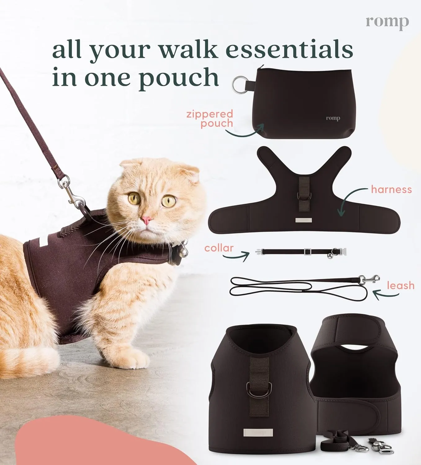 Cat Harness, Collar & Leash Set - Escape Proof Adjustable Choke Free Velcro Harness Vest for Walking Cats & Kittens (Sable Brown, Small)