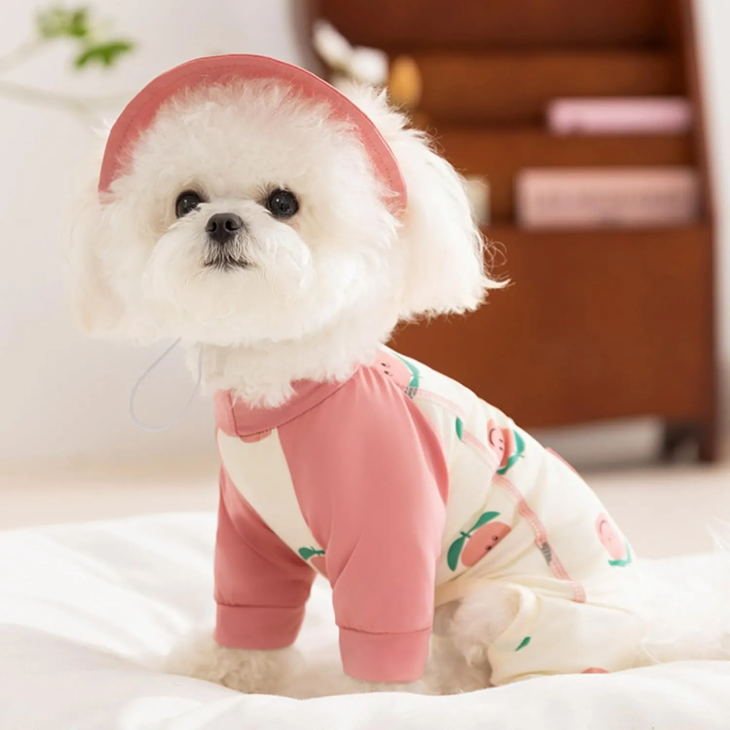 Cat Puppy Costume Cute Summer Jumpsuit and Sun Hat 2PCs Set Cute Peach Banana Print Pet Accessories Multiple Sizes for Kitten Small Dog (Pink,X-Large)