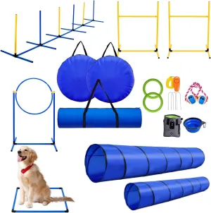 Dog Agility Course Backyard Set Dog Agility Equipment Includes Adjustable Jump Hurdle & 1 Hurdles,6 Weave Poles,Extended Tunnel,2 Jump Ring,Square Pause Box,2 in-1 Tennis Ball,Whistle,1 Carrying Bags