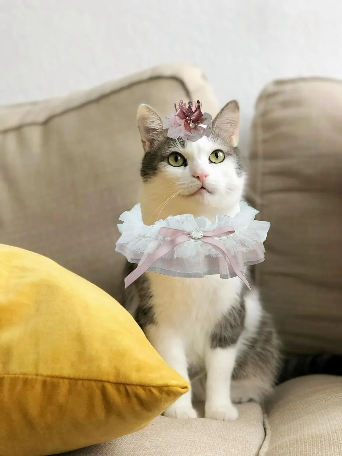 Dog and Cat Birthday Supplies Crown Hat and Bandana Bib Set Cute Princess Costume Party Wedding Holiday Reusable Decoration Outfit for Multi Sizes Pets(Pink)