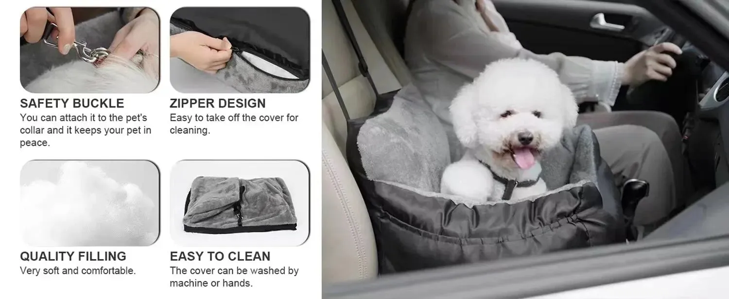Dog Car Seat with Seat Belt Washable Dog Booster Seat for Small Dogs, Anti-Slip Travel Pet Car Bed for Front or Back Seat, Adjustable Safety Buckle, with Convenient Storage Pockets