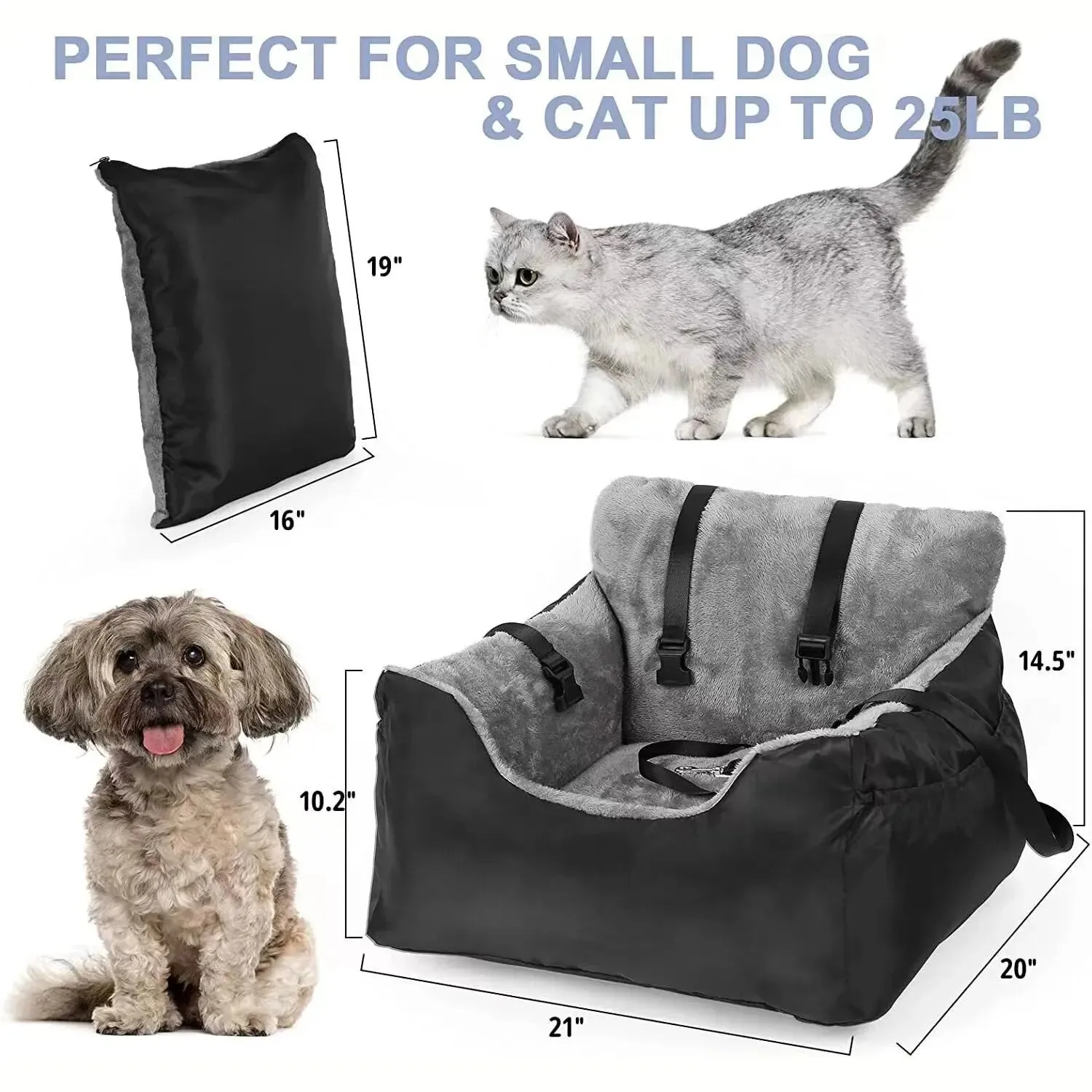 Dog Car Seat with Seat Belt Washable Dog Booster Seat for Small Dogs, Anti-Slip Travel Pet Car Bed for Front or Back Seat, Adjustable Safety Buckle, with Convenient Storage Pockets