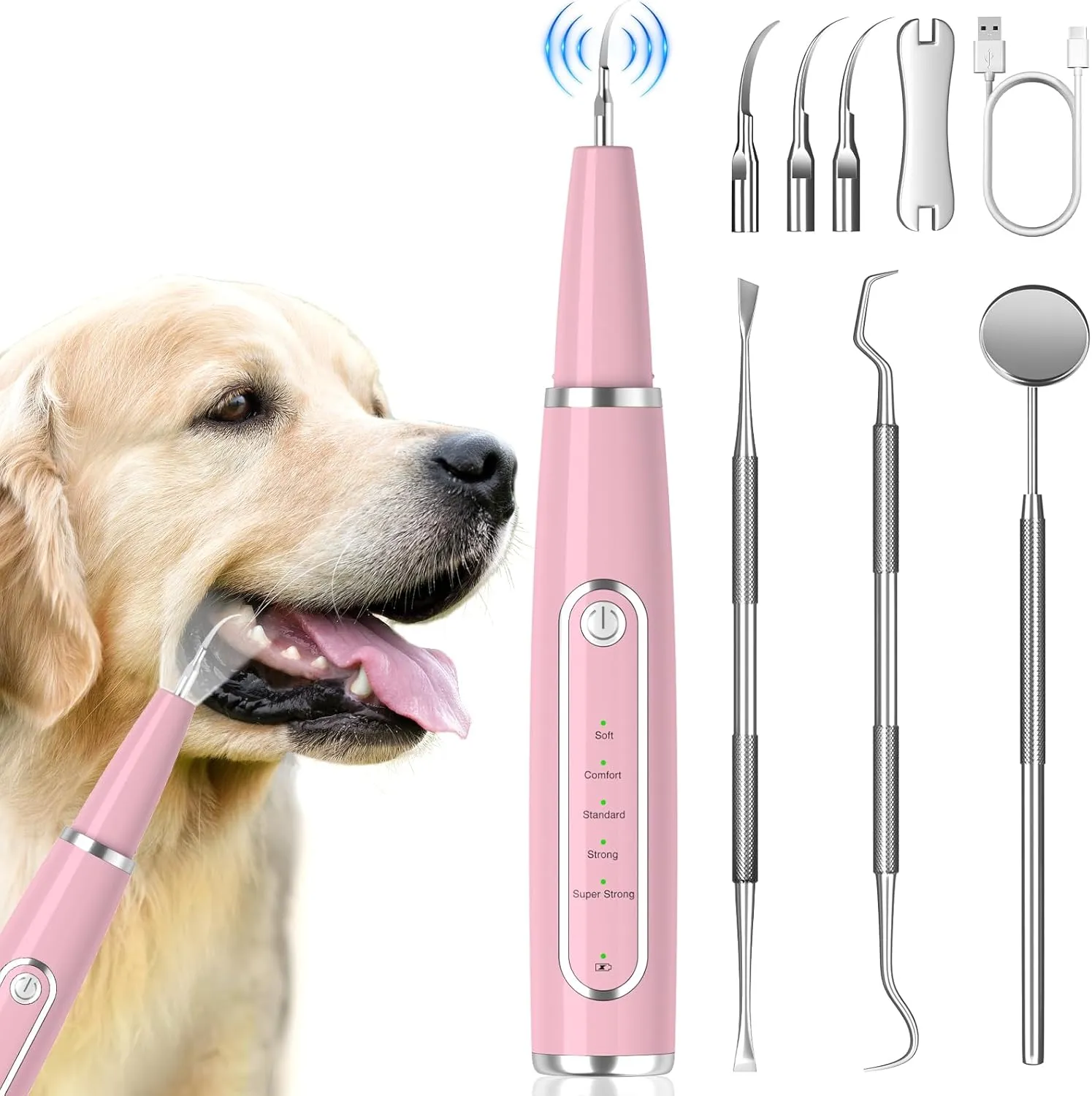 Dog Plaque Remover for Teeth, Dog Teeth Cleaning Kit with LED Light and 5 Modes, Teeth Cleaning for Dogs and Cats,Pink