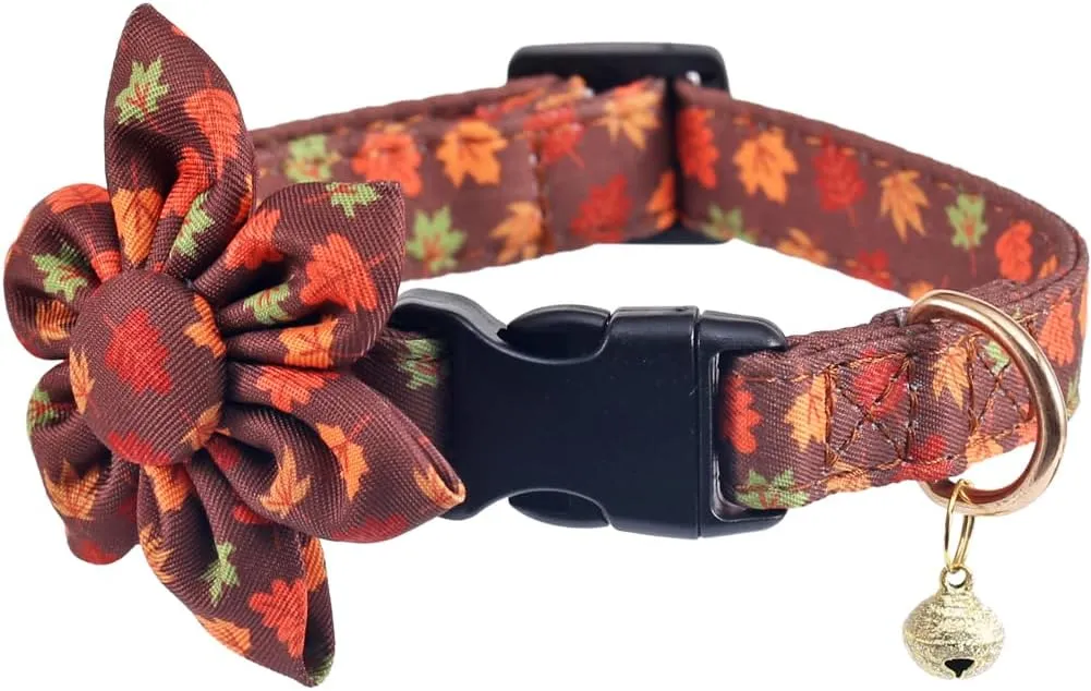 Fall Thanksgiving Day Dog Collar with Sunflower and Bell Autumn Holiday Adjustable Pet Collars for Dogs (Maple Leaf,Medium)