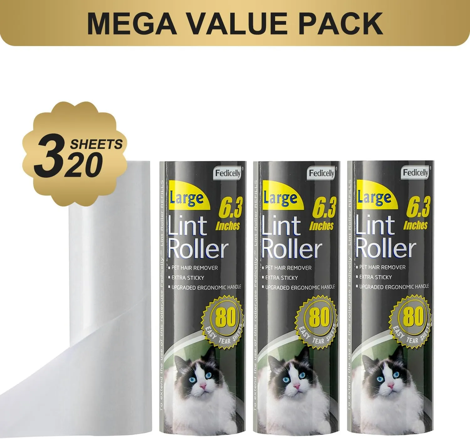 Fedicelly Large Lint Rollers Pet Hair Extra Sticky Refills,Mega Value Set 6.3 inches Wider with 320 Sheets for Cat and Dog Hair Removal,80 Sheets Per Roller