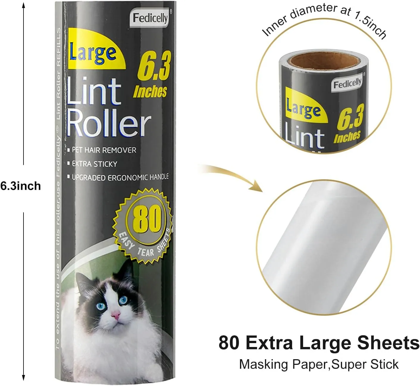 Fedicelly Large Lint Rollers Pet Hair Extra Sticky Refills,Mega Value Set 6.3 inches Wider with 320 Sheets for Cat and Dog Hair Removal,80 Sheets Per Roller