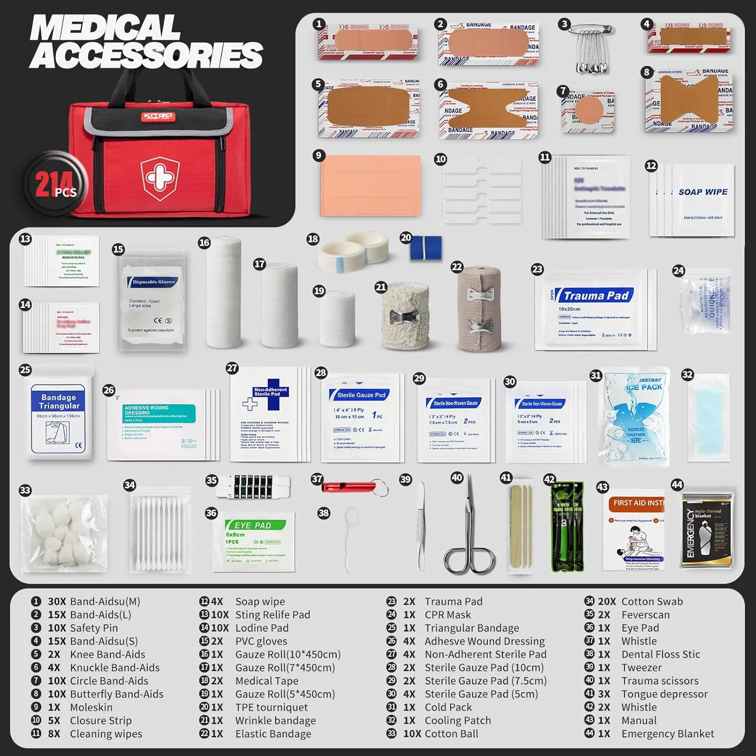 First Aid Kit - Waterproof Compact Small Emergency Medical Trauma Kit for Home, Travel, Camping, Hiking, Vehicle, Workplace Gift for Doctors, Parents, Travelers, Climbers (218 Piece Red)