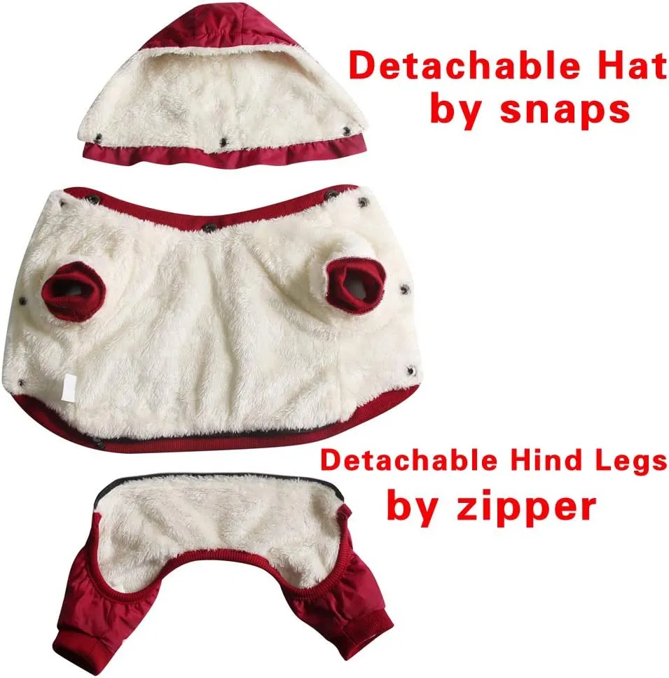 Fleece Lined Dog Coat with Detachable Hood and Detachable Hind Legs,Warm Puppy Jacket in Winter(Red M)
