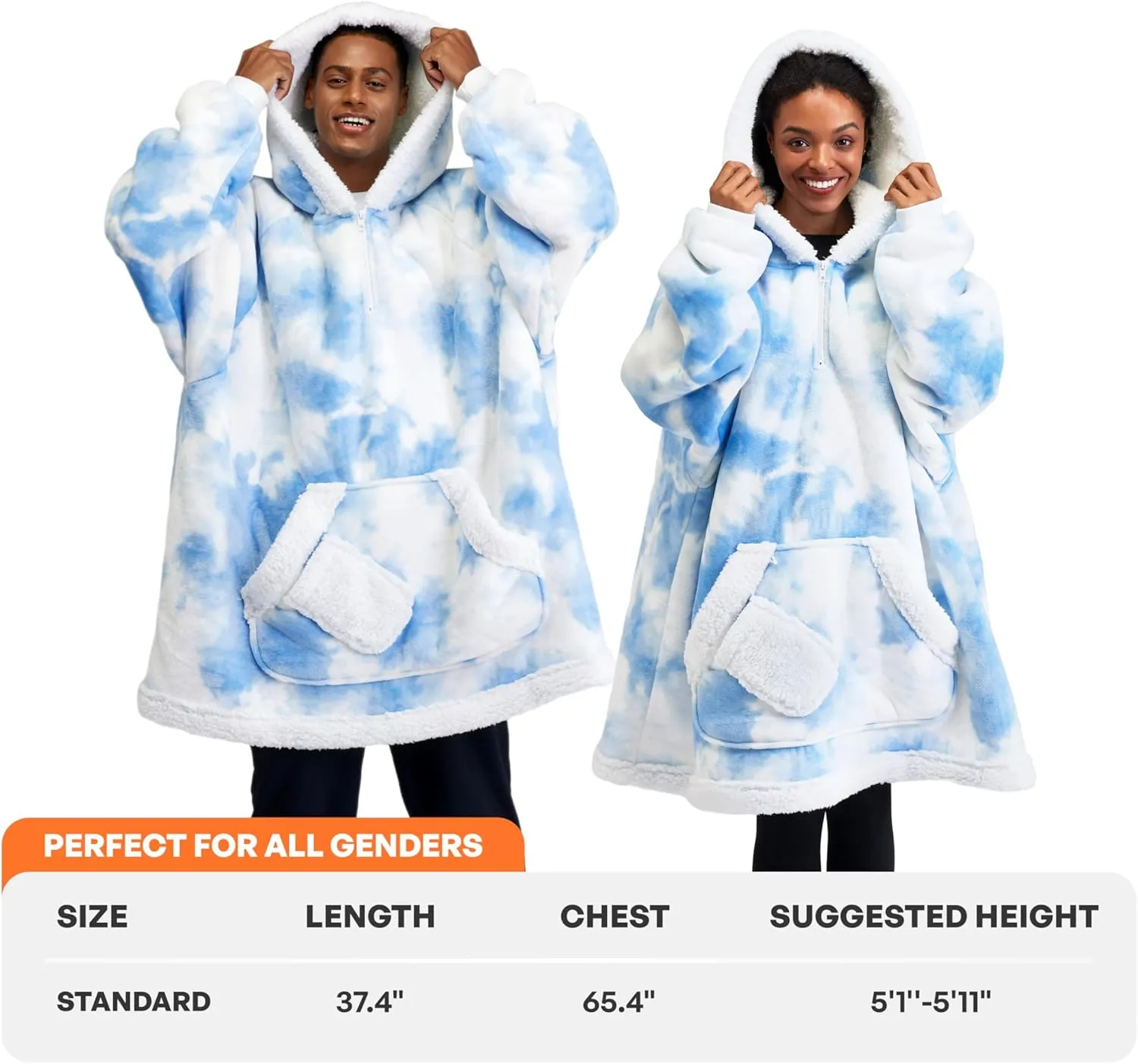 Giggling Getup Wearable Blanket Hoodie for Women Men - Oversized Flannel Sherpa Fleece Sweatshirt Blanket - with Giant Pocket & Sleeves - Cozy Warm Blanket Birthday Gifts for Adults Light Blue Tie Dye