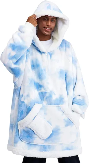 Giggling Getup Wearable Blanket Hoodie for Women Men - Oversized Flannel Sherpa Fleece Sweatshirt Blanket - with Giant Pocket & Sleeves - Cozy Warm Blanket Birthday Gifts for Adults Light Blue Tie Dye