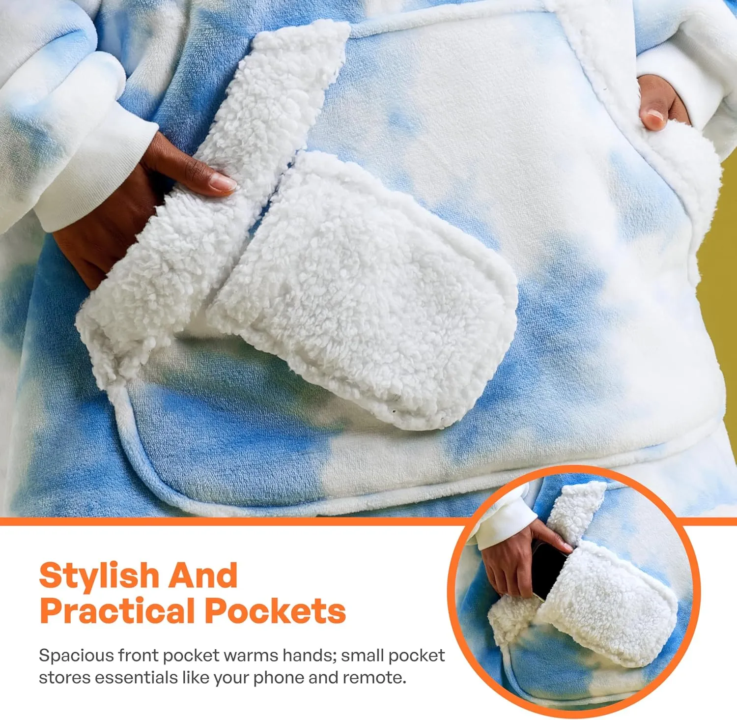 Giggling Getup Wearable Blanket Hoodie for Women Men - Oversized Flannel Sherpa Fleece Sweatshirt Blanket - with Giant Pocket & Sleeves - Cozy Warm Blanket Birthday Gifts for Adults Light Blue Tie Dye