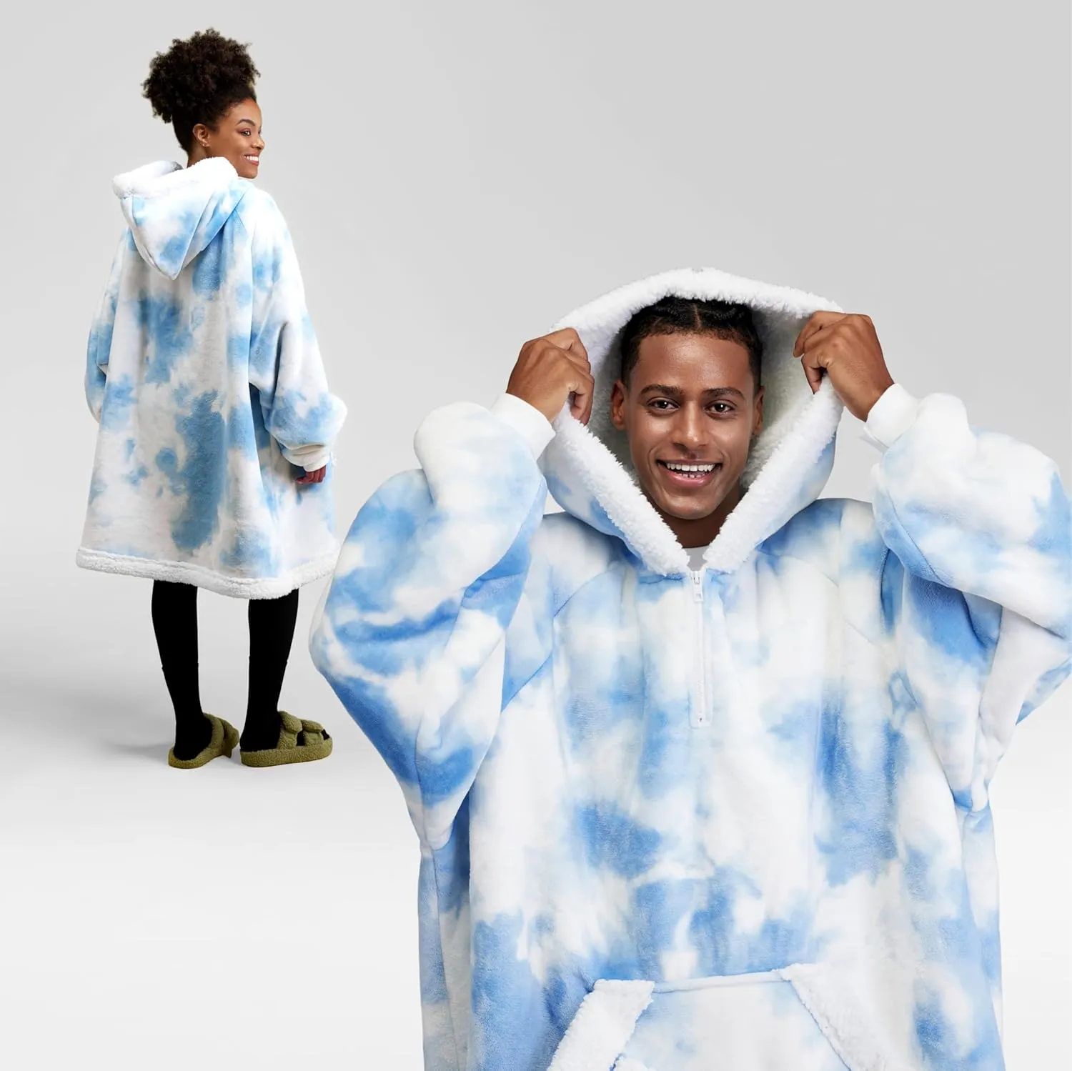 Giggling Getup Wearable Blanket Hoodie for Women Men - Oversized Flannel Sherpa Fleece Sweatshirt Blanket - with Giant Pocket & Sleeves - Cozy Warm Blanket Birthday Gifts for Adults Light Blue Tie Dye