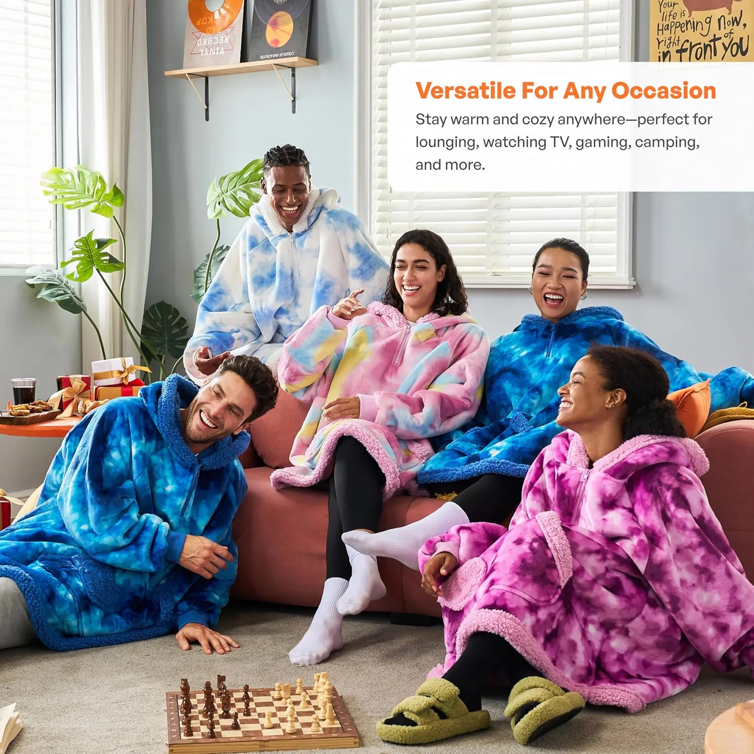 Giggling Getup Wearable Blanket Hoodie for Women Men - Oversized Flannel Sherpa Fleece Sweatshirt Blanket - with Giant Pocket & Sleeves - Cozy Warm Blanket Birthday Gifts for Adults Light Blue Tie Dye