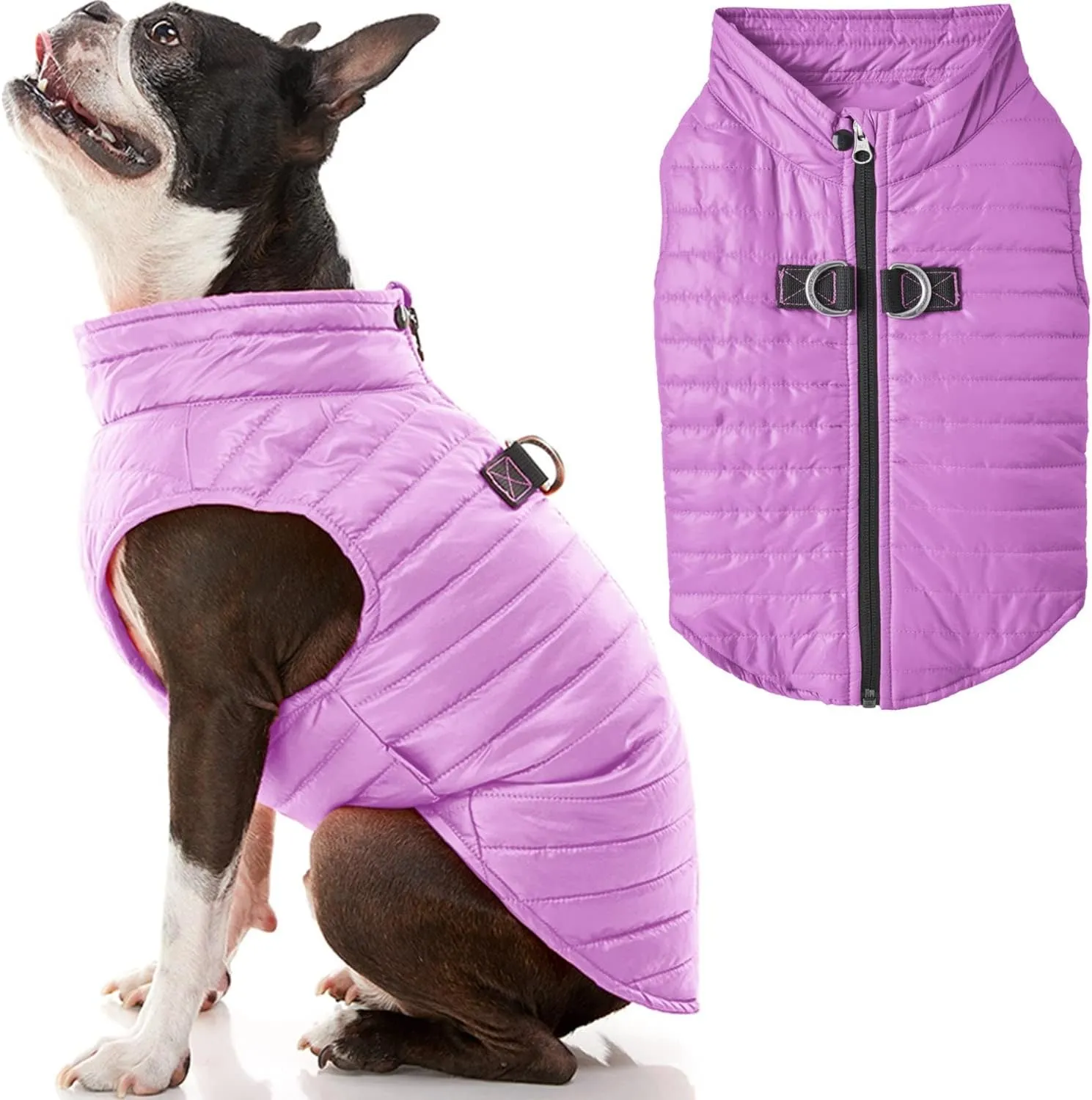 Gooby Puffer Vest Dog Jacket - Purple, X-Large - Ultra Thin Zip Up Windbreaker with Dual D Ring Leash - Water Resistant Dog Sweater Coat