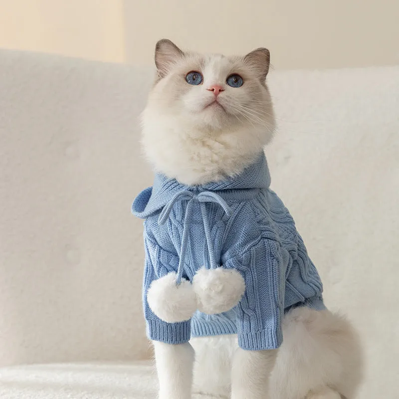 Knitted Fur Ball Hooded Pet Sweater