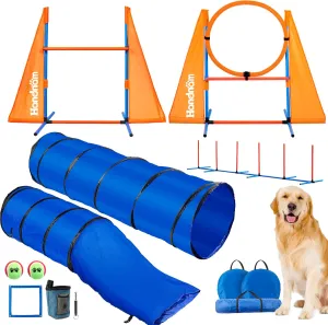 Large Dog Agility Course Backyard Set, Portable Agility Training Equipment for Dogs - 2 Tunnel, 2 Jumps, 6 Weave Poles, Pause Box & More, Dog Obstacle Course Kit for Indoor and Outdoor
