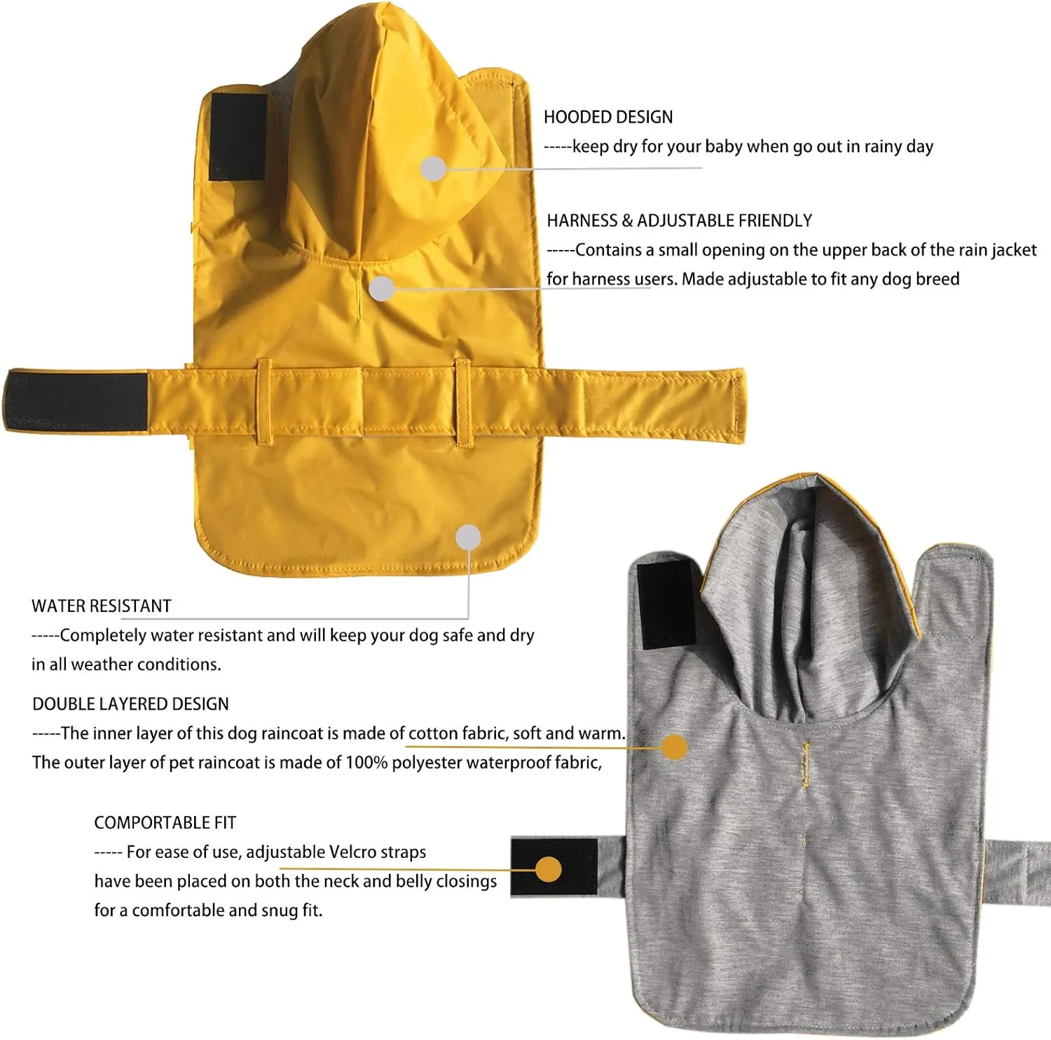 LeerKing Raincoat for Dogs - Hooded With Leash Hole, Waterproof Double Layer Coat Jacket With Lining, 10 Sizes for Small Medium and Large Dogs, Yellow, M
