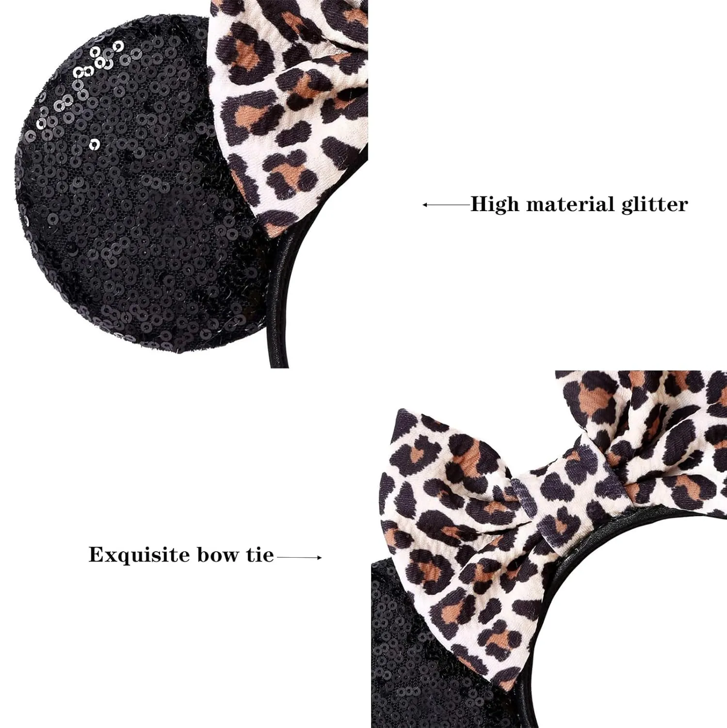 Mouse Ears Headbands - Cute Sequin Mouse Ears for Women Girls and Boys, for Cartoon Princess Costume Cosplay Decoration Party (Leopard Print)