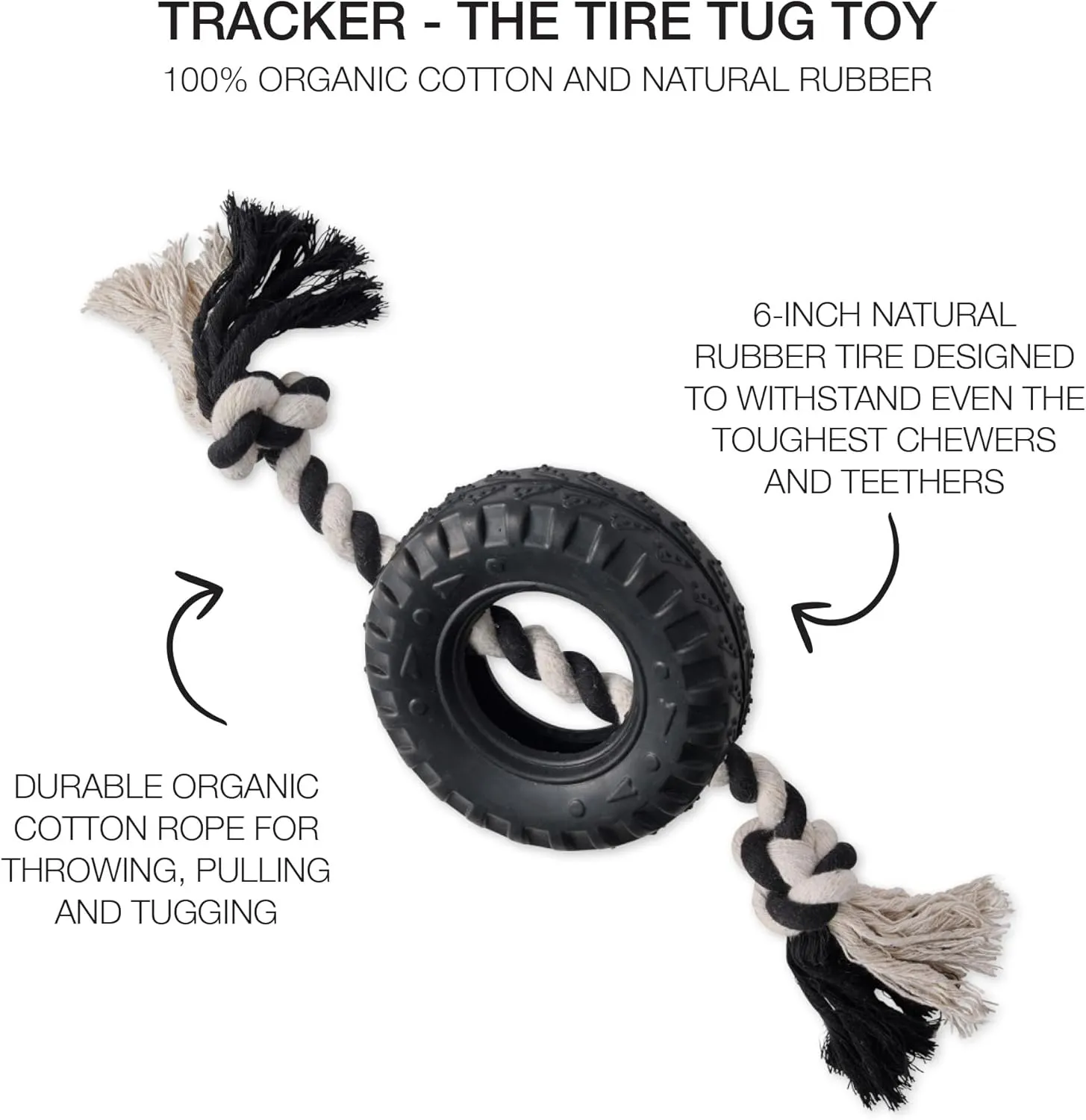 Natural Rubber Tire and Organic Cotton Rope Pull and Chew Dog Toy for All Pet Breeds, Black, One Size