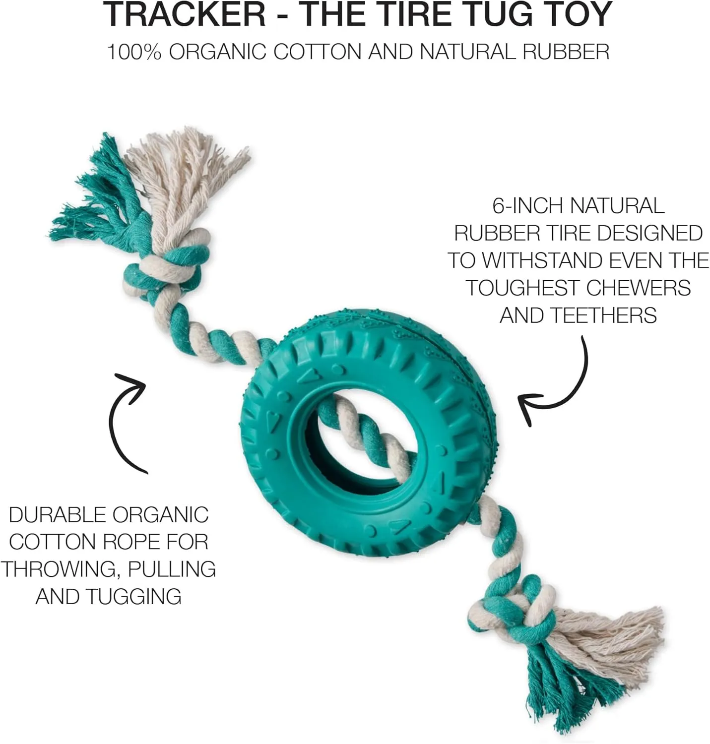 Natural Rubber Tire and Organic Cotton Rope Pull and Chew Dog Toy for All Pet Breeds, Teal Blue, One Size