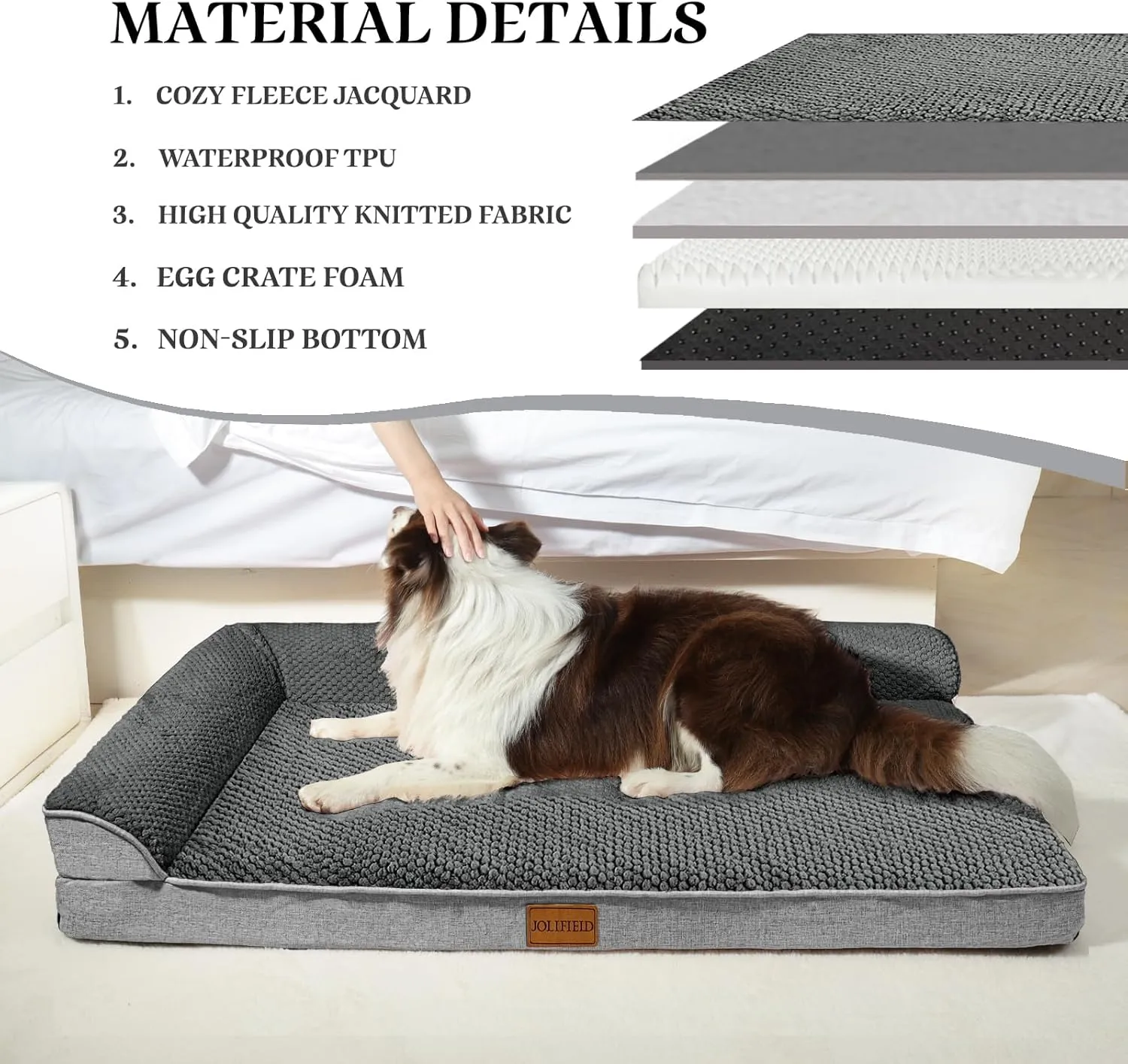 Orthopedic Jacquard XL Dog Bed for Large Dogs 42''X28'', Waterproof L Shaped Big Large Pet Sofa Bed with Washable Removable Cover, Non-Slip Soft Warm Comfortable Pet Couch Sleep Mat, Grey