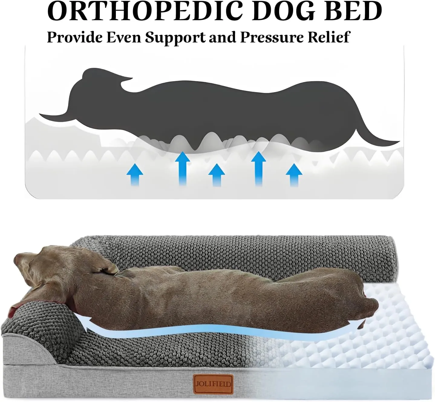 Orthopedic Jacquard XL Dog Bed for Large Dogs 42''X28'', Waterproof L Shaped Big Large Pet Sofa Bed with Washable Removable Cover, Non-Slip Soft Warm Comfortable Pet Couch Sleep Mat, Grey