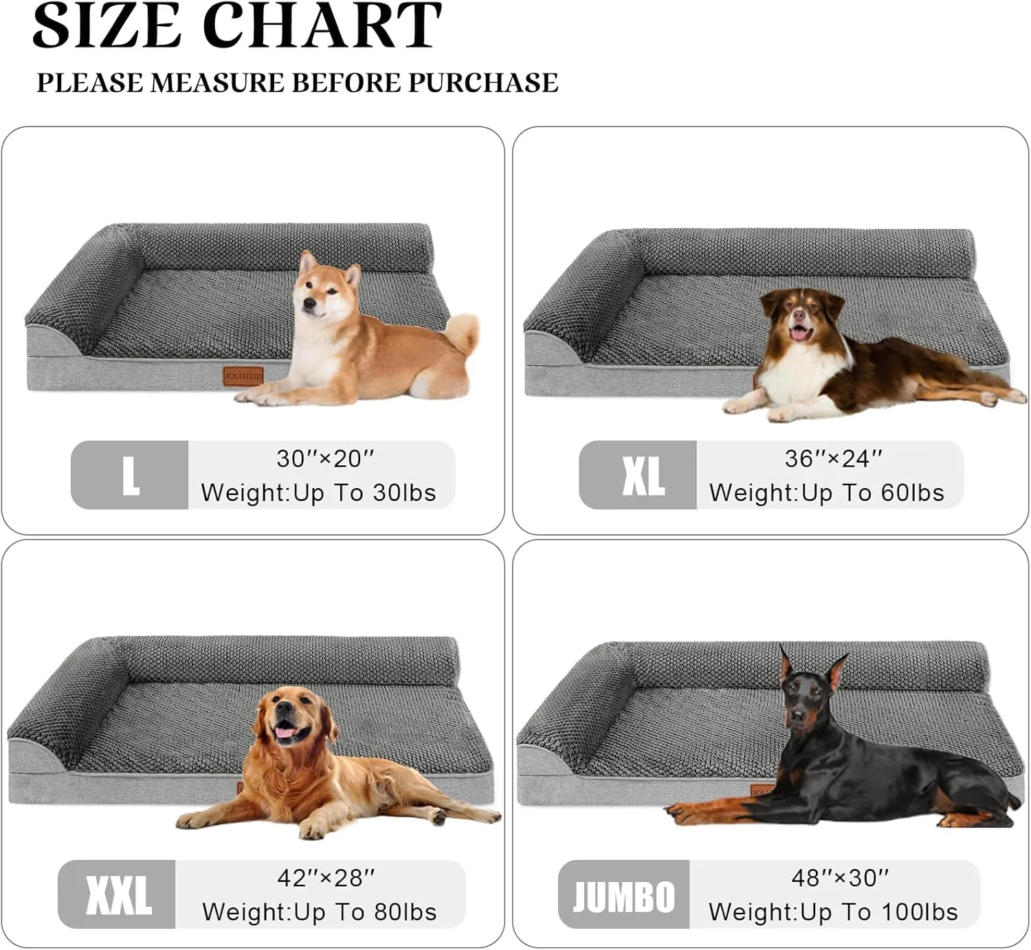 Orthopedic Jacquard XL Dog Bed for Large Dogs 42''X28'', Waterproof L Shaped Big Large Pet Sofa Bed with Washable Removable Cover, Non-Slip Soft Warm Comfortable Pet Couch Sleep Mat, Grey