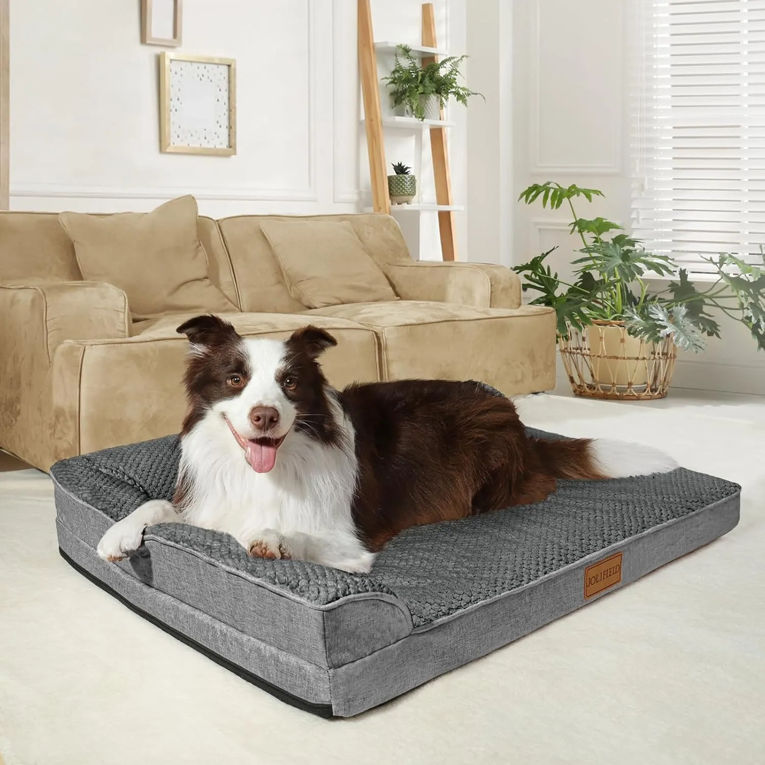 Orthopedic Jacquard XL Dog Bed for Large Dogs 42''X28'', Waterproof L Shaped Big Large Pet Sofa Bed with Washable Removable Cover, Non-Slip Soft Warm Comfortable Pet Couch Sleep Mat, Grey