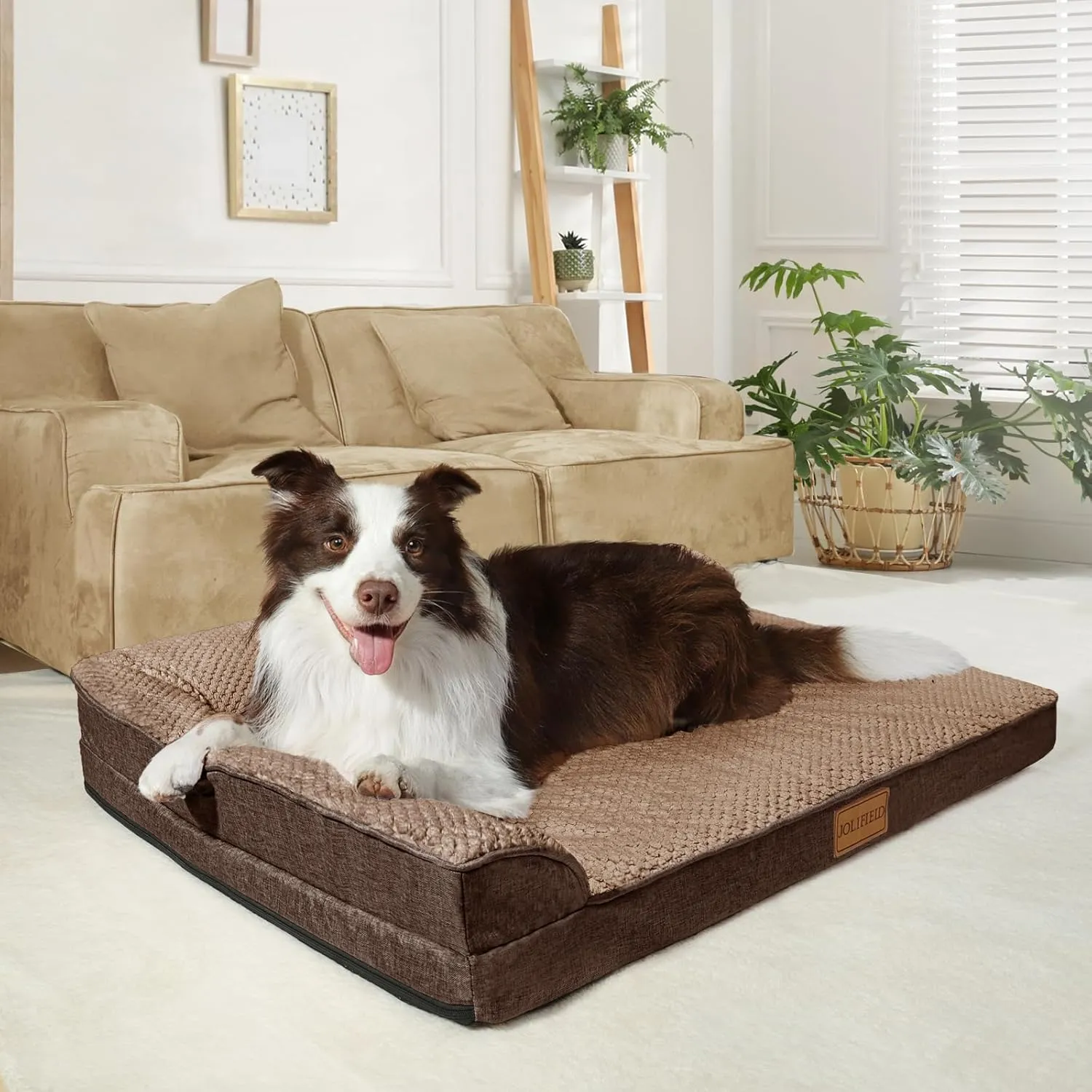 Orthopedic Jacquard XXL Dog Bed for Extra Large Dogs 48''X30'', Waterproof L Shaped Big Dog Sofa Pet Bed with Washable Removable Cover, Non-Slip Soft Comfortable Pet Couch Sleep Mat, Brown