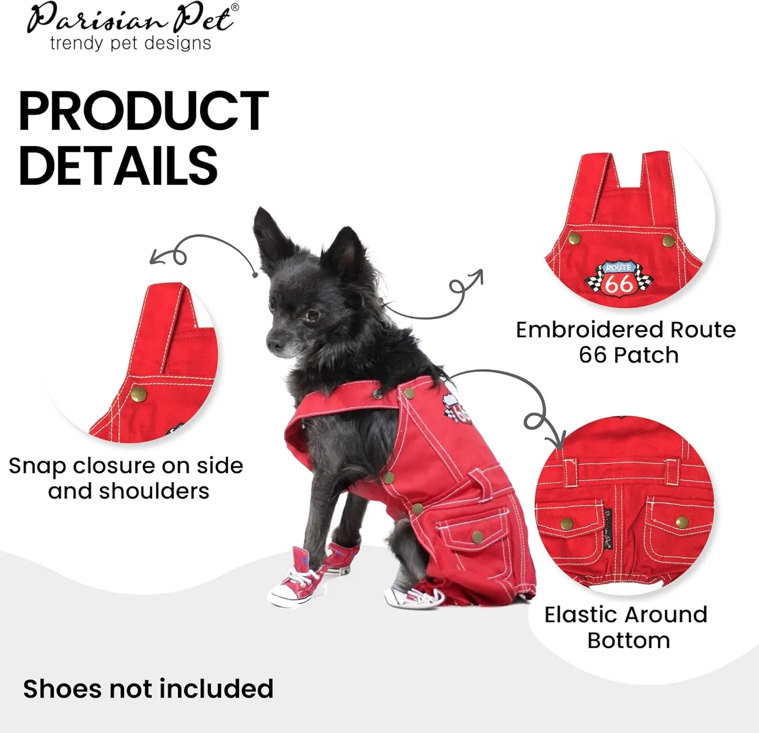Parisian Pet Denim Overall - Embroidered 'Route 66' Red Jumpsuit - Breathable Costume - Machine Washable Outfit - Overalls for Large Dogs - L