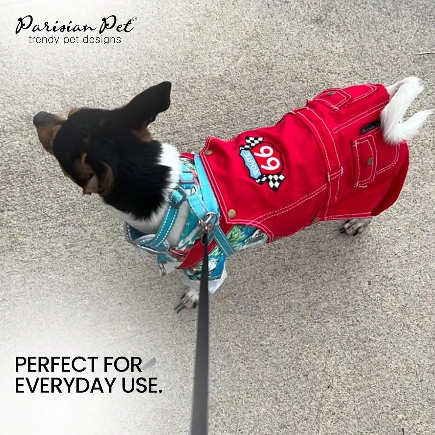 Parisian Pet Denim Overall - Embroidered 'Route 66' Red Jumpsuit - Breathable Costume - Machine Washable Outfit - Overalls for Large Dogs - L