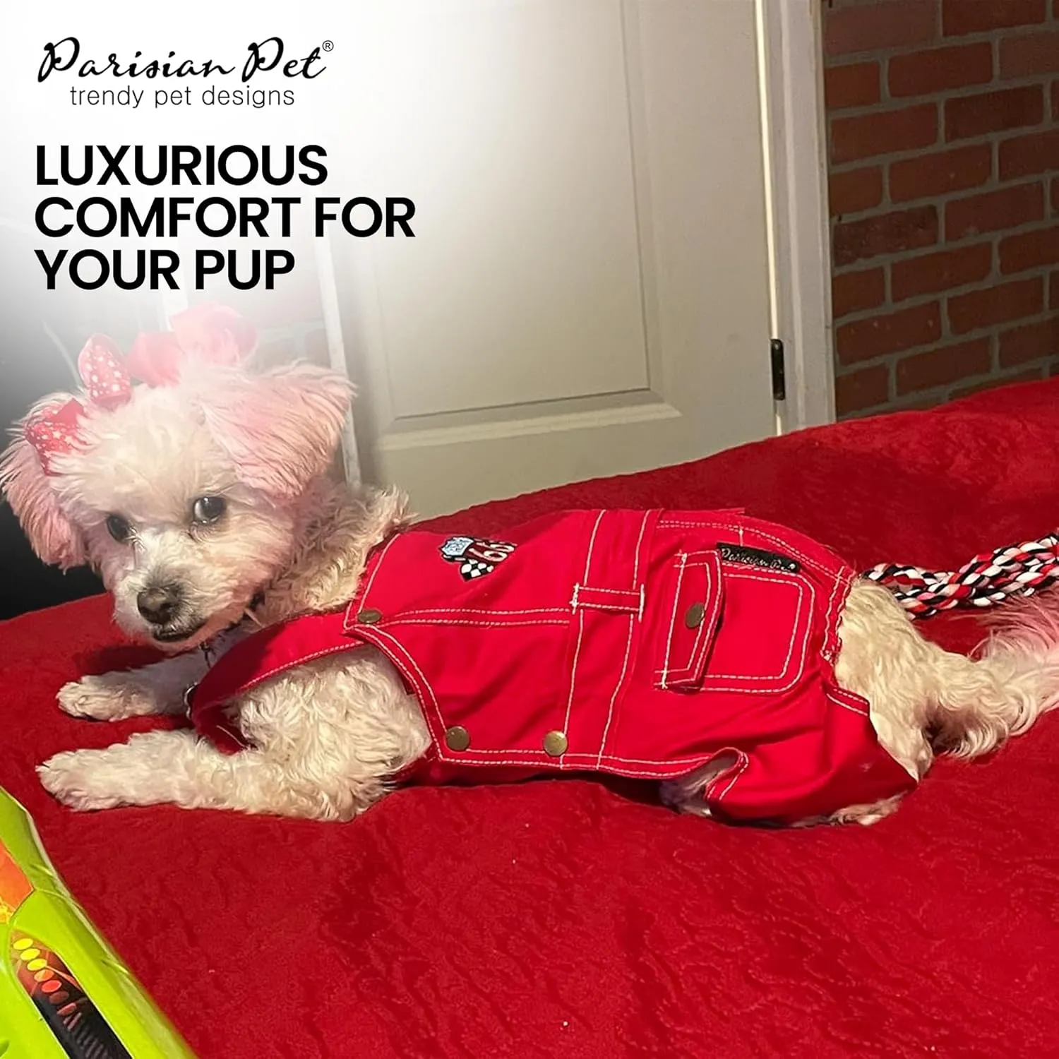 Parisian Pet Denim Overall - Embroidered 'Route 66' Red Jumpsuit - Breathable Costume - Machine Washable Outfit - Overalls for Large Dogs - L