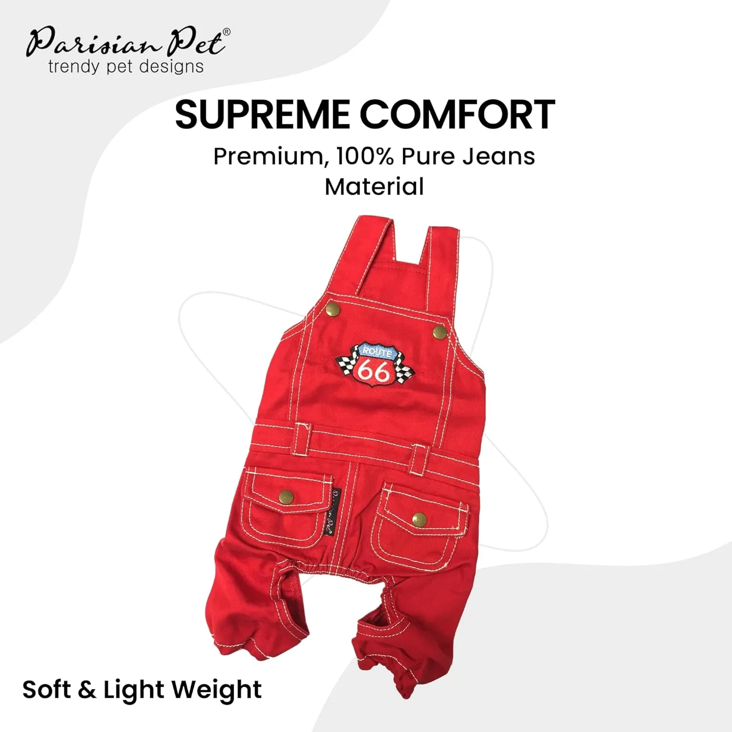 Parisian Pet Denim Overall - Embroidered 'Route 66' Red Jumpsuit - Breathable Costume - Machine Washable Outfit - Overalls for Large Dogs - L