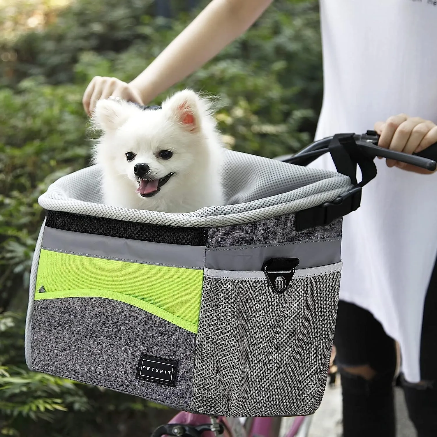 Petsfit Dog Bike Basket, Dog Booster Car Seat, Dog Car Seat for Small Dogs/Cats/Puppies with Safety Rope/Reflective Strips/Two Side Storage Pockets (Grey)