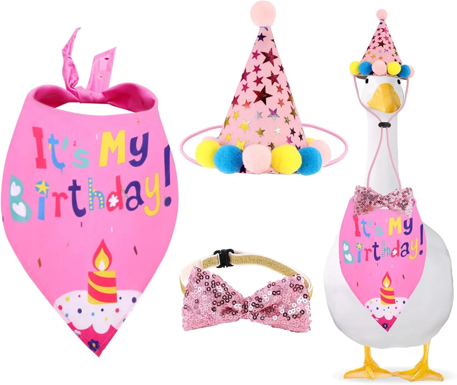 Porch Goose Birthday Outfit Set, Porch Goose Clothes Hat Tie Bib Birthday Party Outfit for 17 & 23" Cement & Plastic Lawn Statue Garden Yard Patio Decor