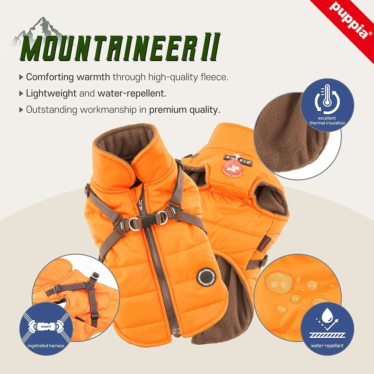 Puppia Mountaineer Winter Dog Coat with integrated harness No Pull Cold Weather Waterproof Warm Fleece Back Zipper for Small & Medium Dog, CAMO, Medium