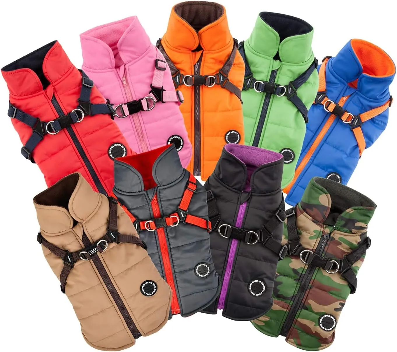 Puppia Mountaineer Winter Dog Coat with integrated harness No Pull Cold Weather Waterproof Warm Fleece Back Zipper for Small & Medium Dog, CAMO, Medium