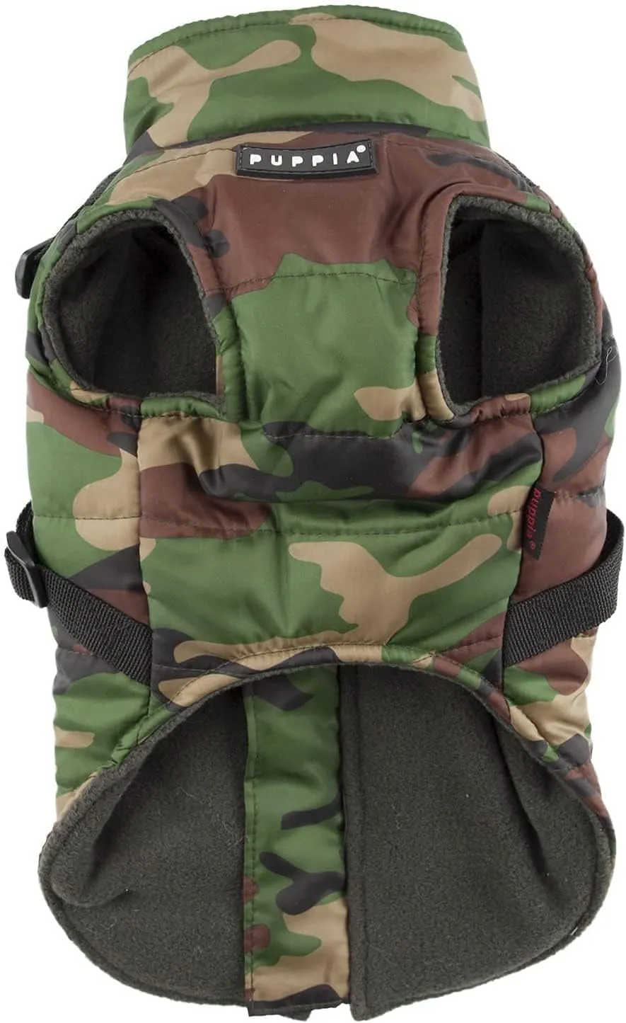 Puppia Mountaineer Winter Dog Coat with integrated harness No Pull Cold Weather Waterproof Warm Fleece Back Zipper for Small & Medium Dog, CAMO, Medium