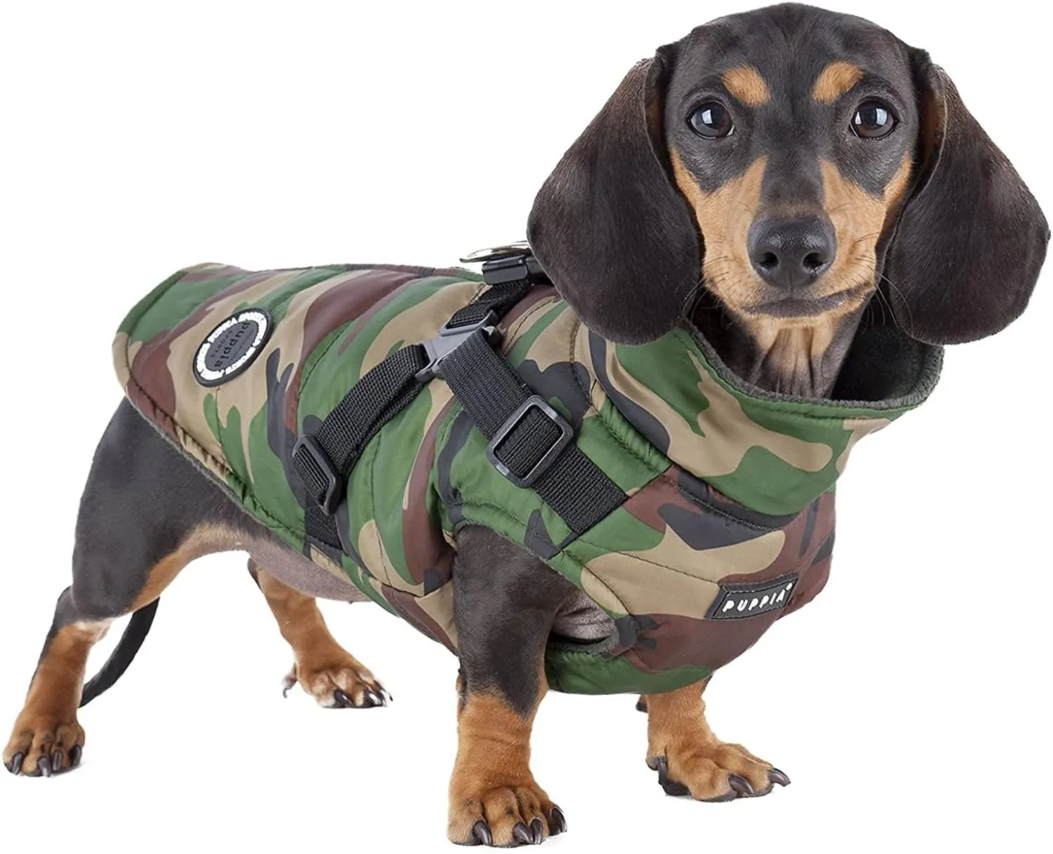 Puppia Mountaineer Winter Dog Coat with integrated harness No Pull Cold Weather Waterproof Warm Fleece Back Zipper for Small & Medium Dog, CAMO, Medium