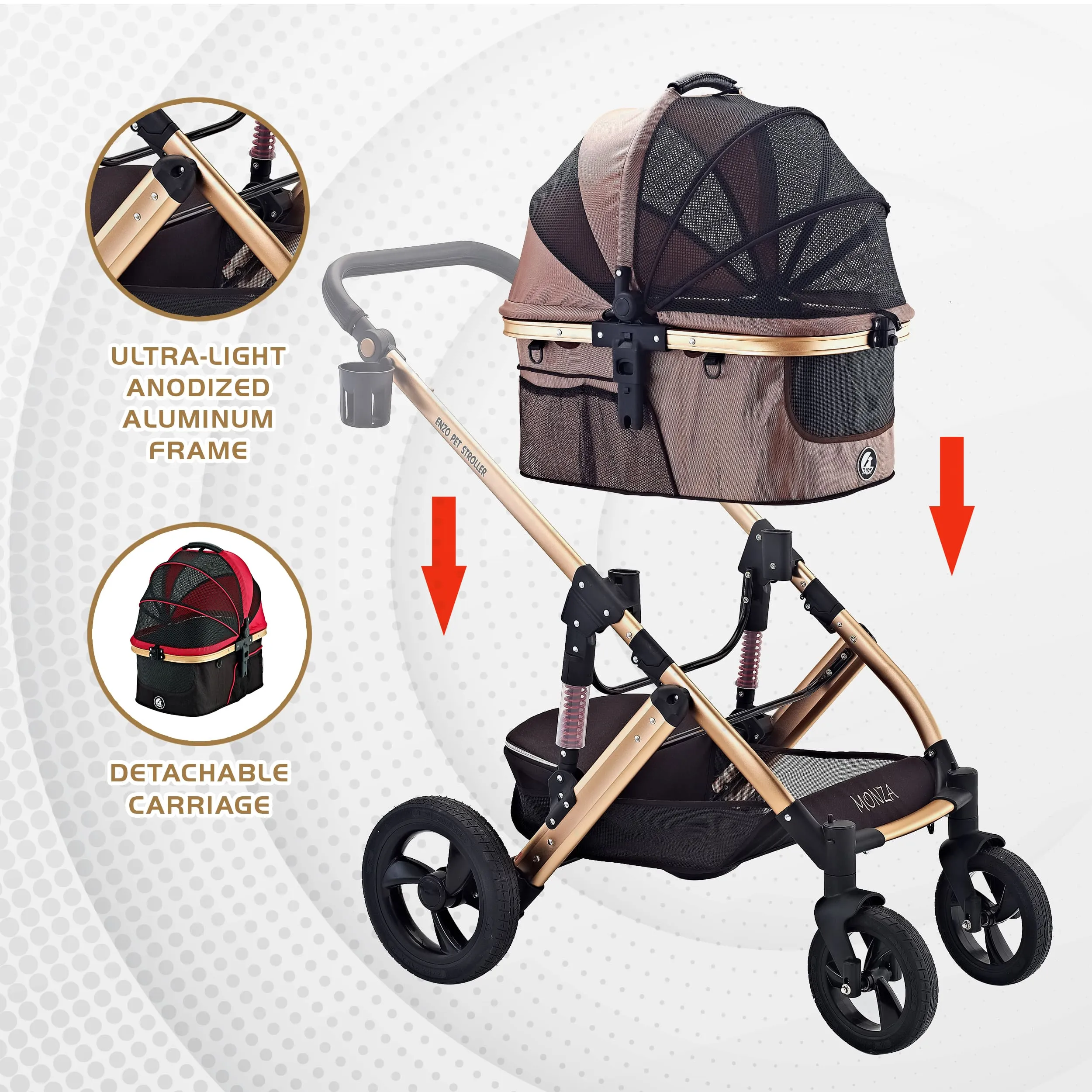 "Monza Luxury 3-in-1 Travel Pet Stroller: Ultimate Convenience for Small/Medium Dogs & Cats - Detachable Carrier, Pump-Free Tires, Aluminum Frame!"