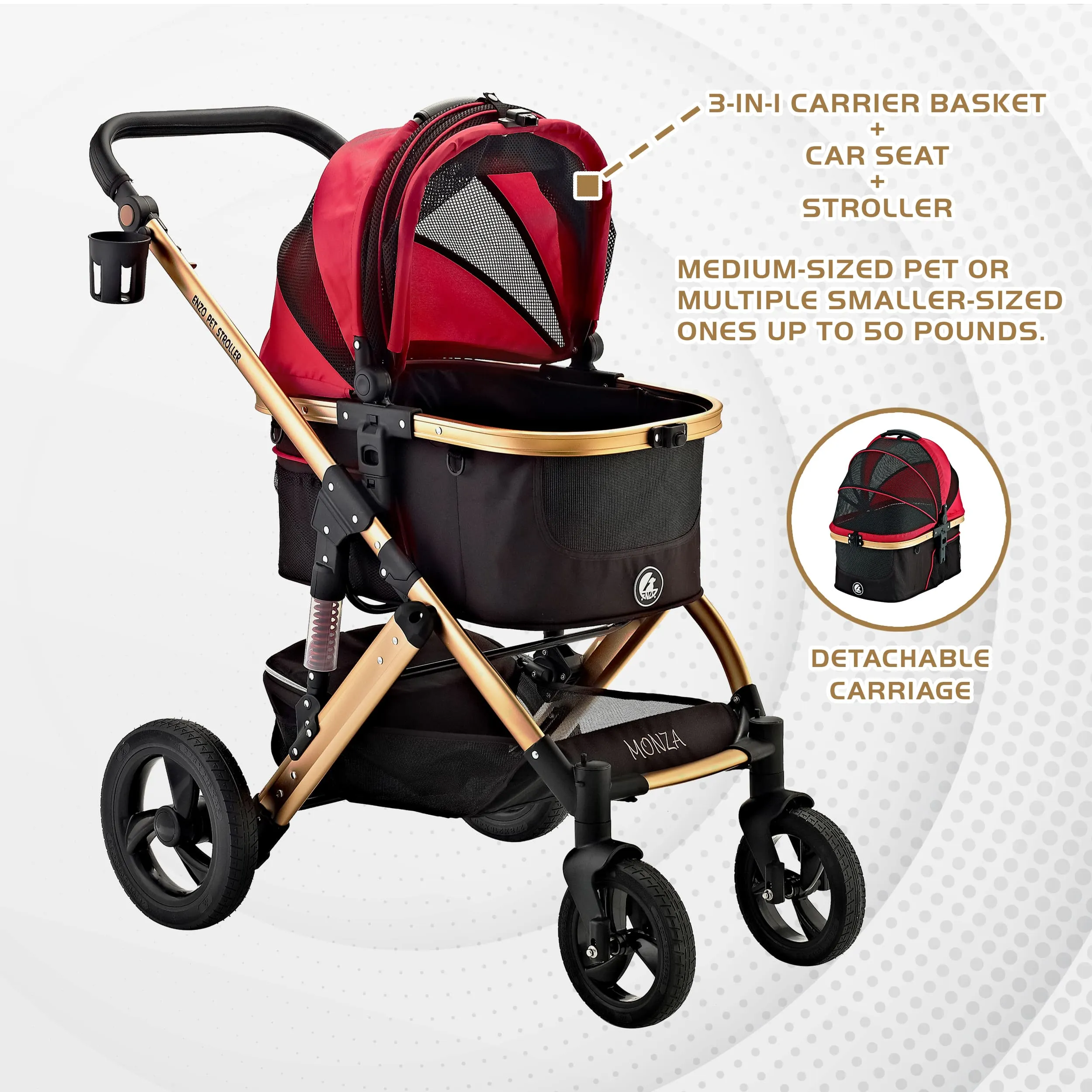 "Monza Luxury 3-in-1 Travel Pet Stroller: Ultimate Convenience for Small/Medium Dogs & Cats - Detachable Carrier, Pump-Free Tires, Aluminum Frame!"