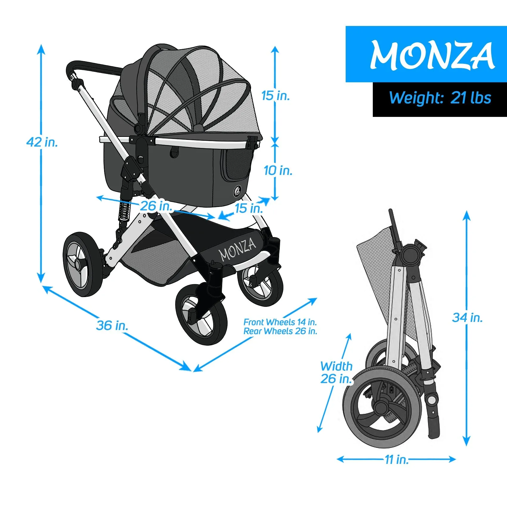"Monza Luxury 3-in-1 Travel Pet Stroller: Ultimate Convenience for Small/Medium Dogs & Cats - Detachable Carrier, Pump-Free Tires, Aluminum Frame!"